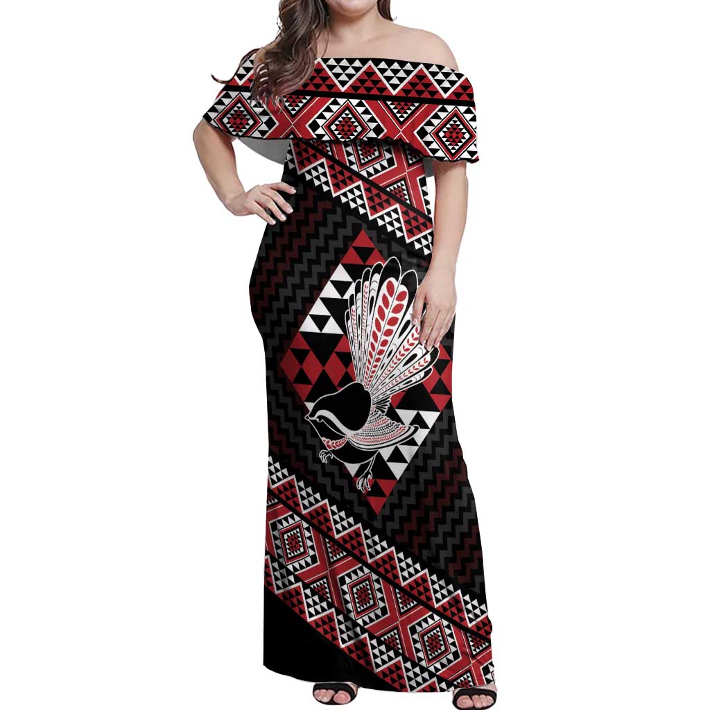 Taniko Aotearoa Off Shoulder Maxi Dress Poutama Mix Piwakawaka LT7 Women Red - Polynesian Pride