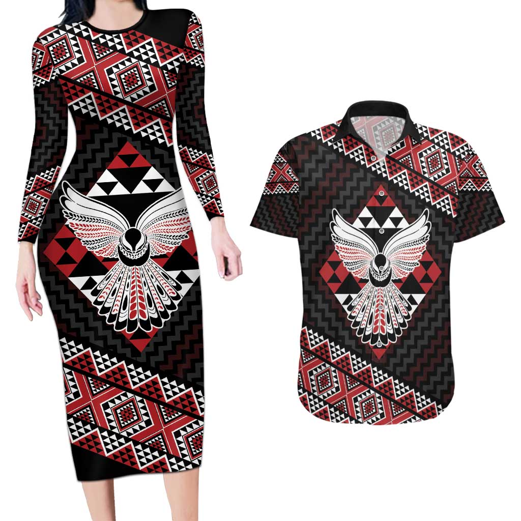Taniko Aotearoa Couples Matching Long Sleeve Bodycon Dress and Hawaiian Shirt Poutama Mix Piwakawaka - Ver02 LT7 Red - Polynesian Pride
