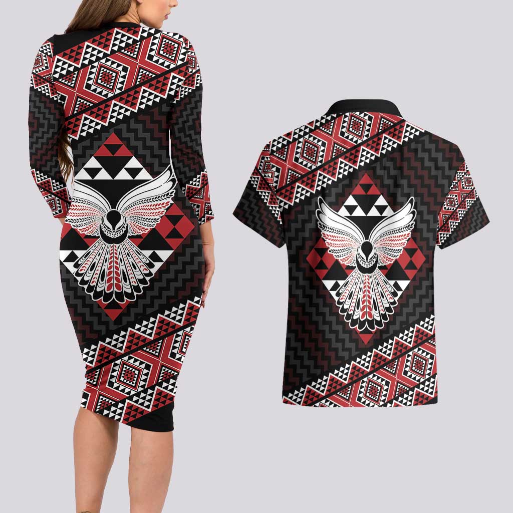 Taniko Aotearoa Couples Matching Long Sleeve Bodycon Dress and Hawaiian Shirt Poutama Mix Piwakawaka - Ver02 LT7 - Polynesian Pride