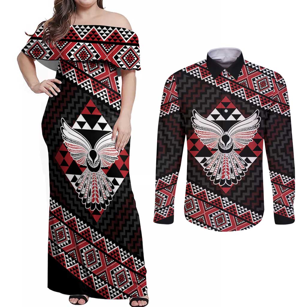 Taniko Aotearoa Couples Matching Off Shoulder Maxi Dress and Long Sleeve Button Shirt Poutama Mix Piwakawaka - Ver02