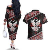 Taniko Aotearoa Couples Matching Off The Shoulder Long Sleeve Dress and Hawaiian Shirt Poutama Mix Piwakawaka - Ver02 LT7 - Polynesian Pride