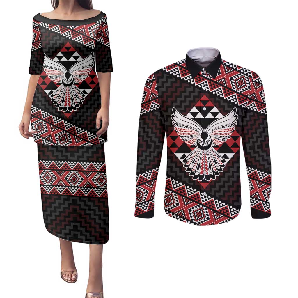 Taniko Aotearoa Couples Matching Puletasi and Long Sleeve Button Shirt Poutama Mix Piwakawaka - Ver02