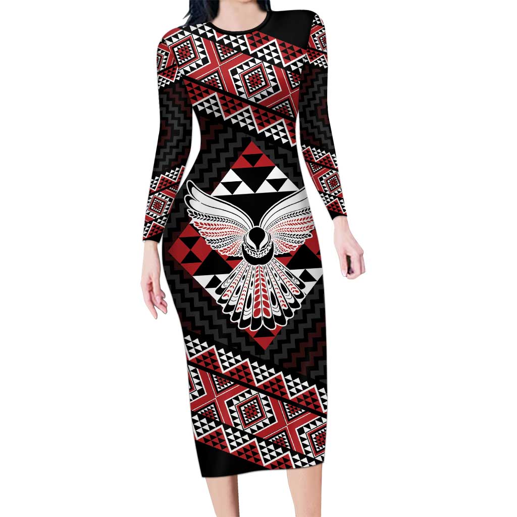 Taniko Aotearoa Family Matching Long Sleeve Bodycon Dress and Hawaiian Shirt Poutama Mix Piwakawaka - Ver02 LT7 Mom's Dress Red - Polynesian Pride