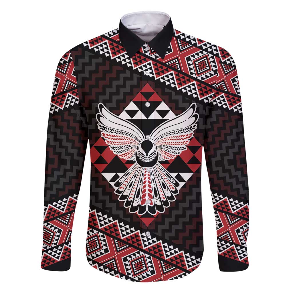 Taniko Aotearoa Family Matching Mermaid Dress and Hawaiian Shirt Poutama Mix Piwakawaka - Ver02 LT7 Dad's Shirt - Long Sleeve Red - Polynesian Pride