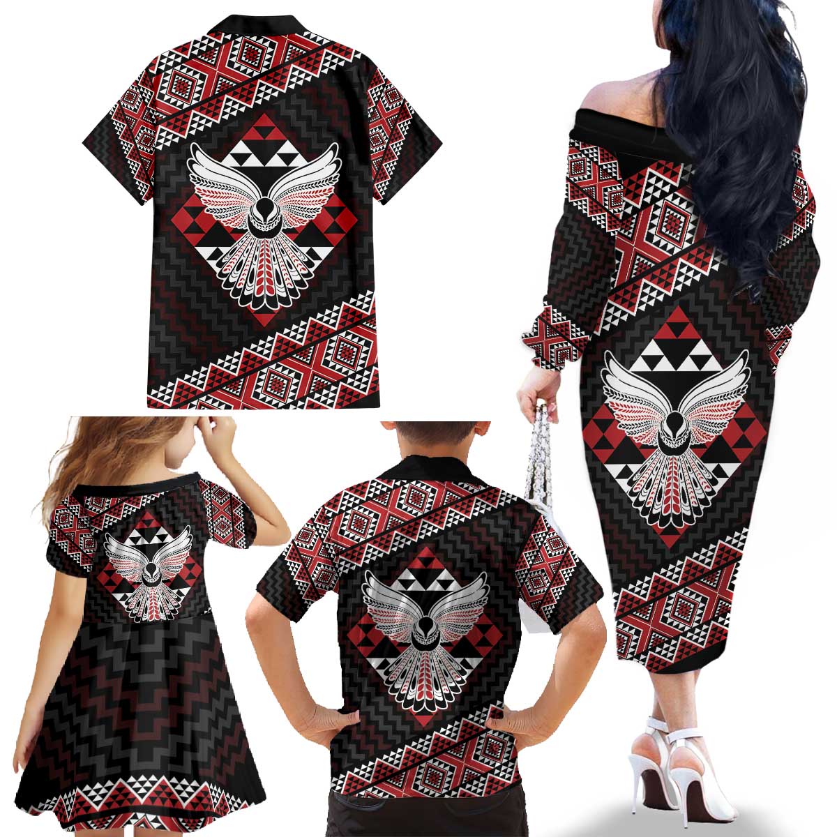 Taniko Aotearoa Family Matching Off The Shoulder Long Sleeve Dress and Hawaiian Shirt Poutama Mix Piwakawaka - Ver02 LT7 - Polynesian Pride