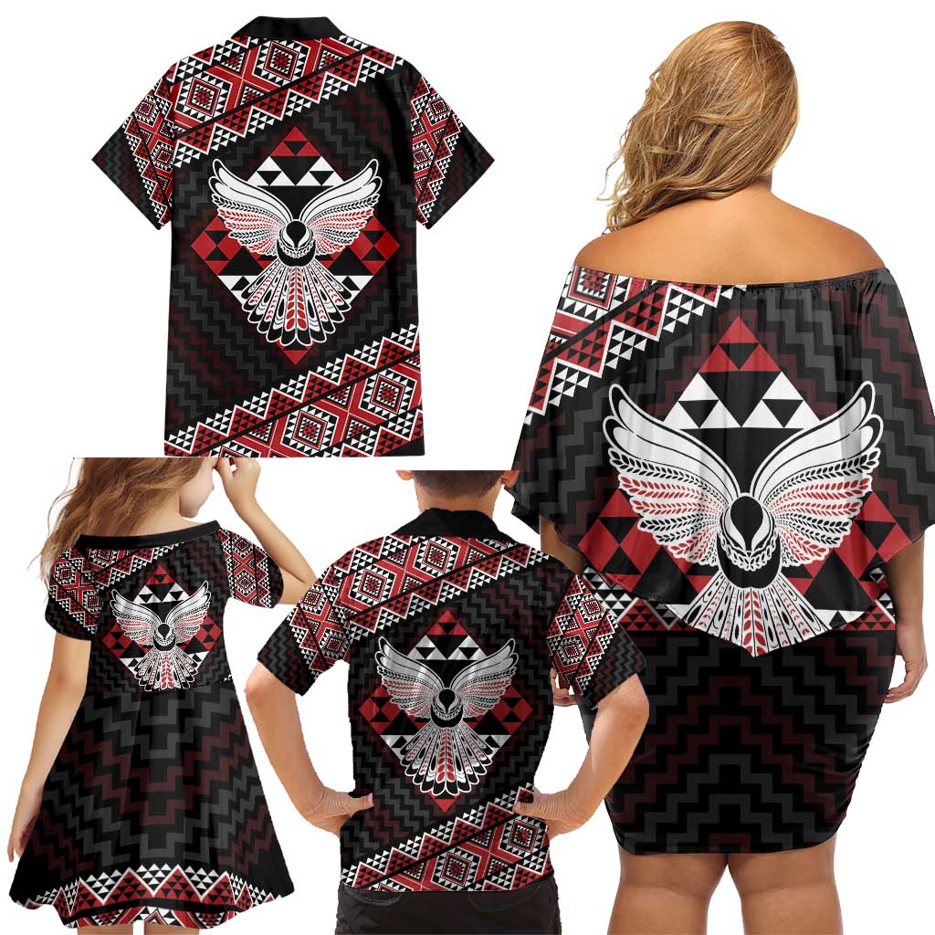 Taniko Aotearoa Family Matching Off Shoulder Short Dress and Hawaiian Shirt Poutama Mix Piwakawaka - Ver02 LT7 - Polynesian Pride