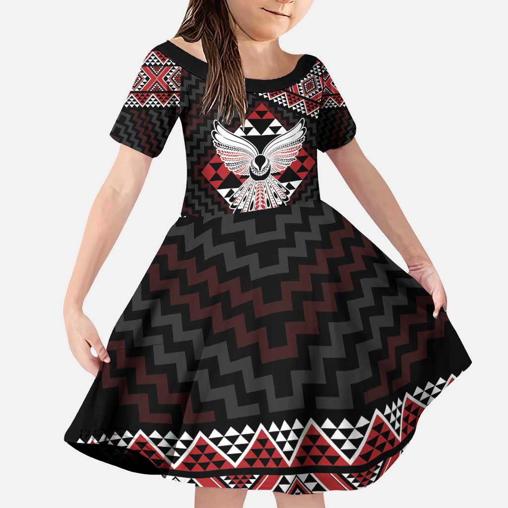 Taniko Aotearoa Family Matching Puletasi and Hawaiian Shirt Poutama Mix Piwakawaka - Ver02 LT7 Daughter's Dress Red - Polynesian Pride