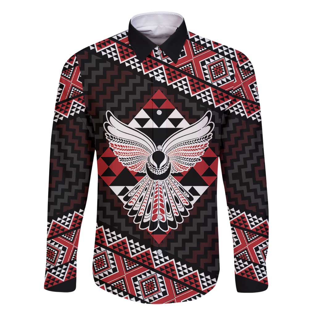 Taniko Aotearoa Family Matching Puletasi and Hawaiian Shirt Poutama Mix Piwakawaka - Ver02 LT7 Dad's Shirt - Long Sleeve Red - Polynesian Pride