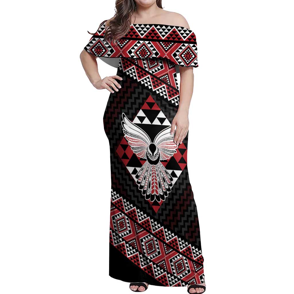 Taniko Aotearoa Off Shoulder Maxi Dress Poutama Mix Piwakawaka - Ver02 LT7 Women Red - Polynesian Pride