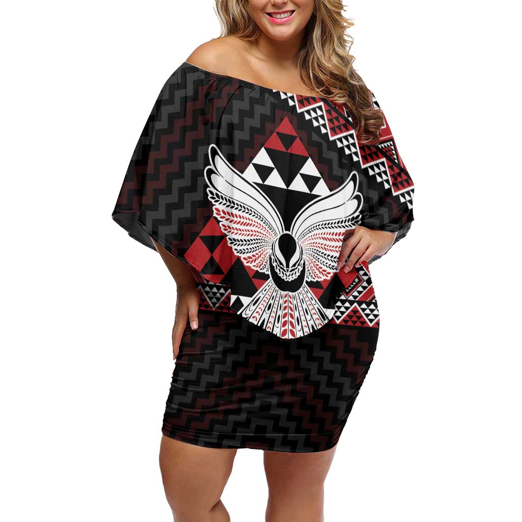 Taniko Aotearoa Off Shoulder Short Dress Poutama Mix Piwakawaka - Ver02 LT7 Women Red - Polynesian Pride