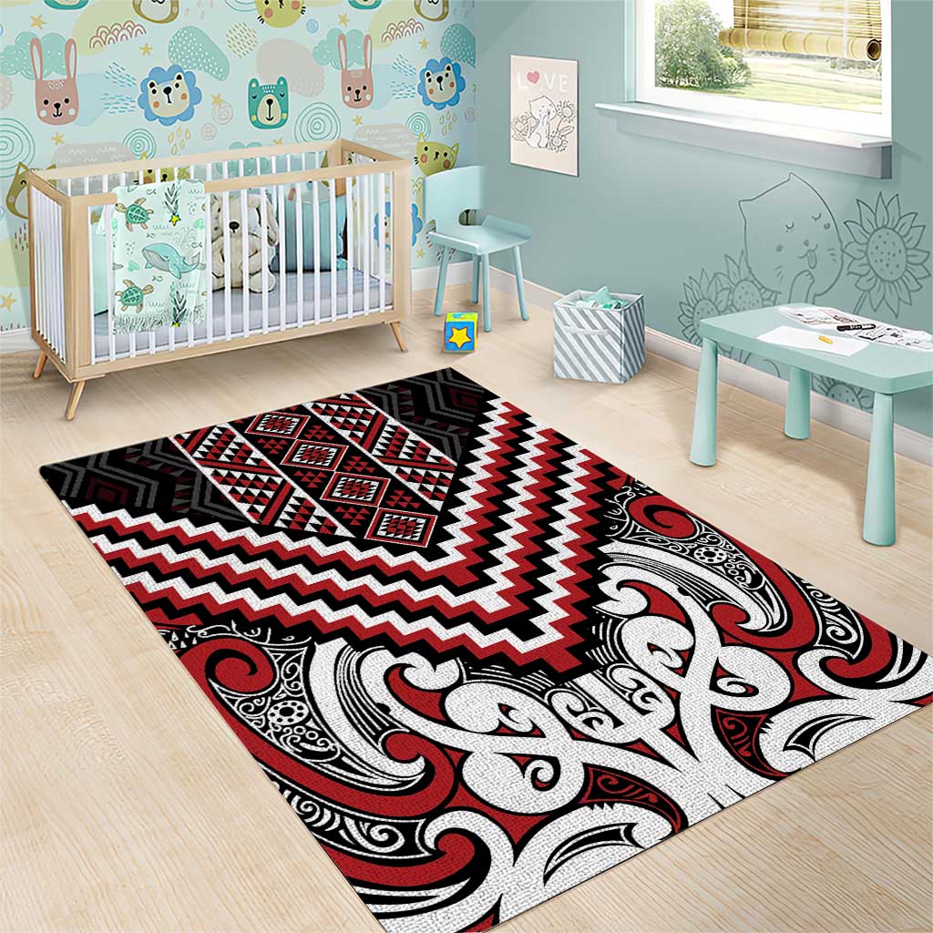 Maori Tukutuku Taniko Motifs Area Rug Red Poutama Mix Kowhaiwhai