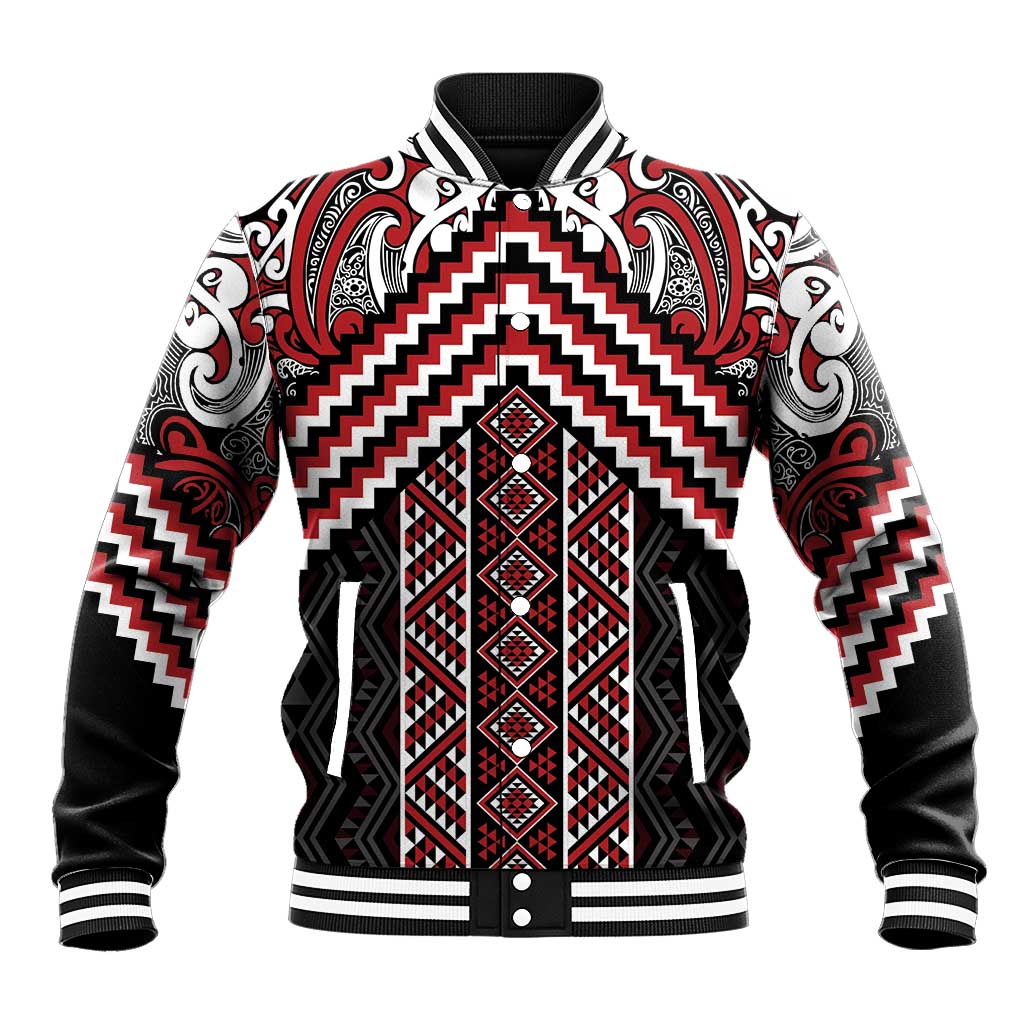 Maori Tukutuku Taniko Motifs Baseball Jacket Red Poutama Mix Kowhaiwhai