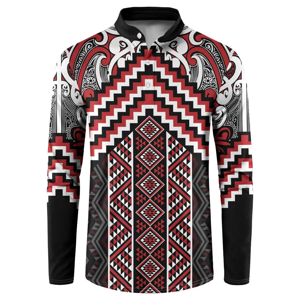 Maori Tukutuku Taniko Motifs Button Sweatshirt Red Poutama Mix Kowhaiwhai