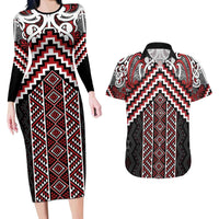 Maori Tukutuku Taniko Motifs Couples Matching Long Sleeve Bodycon Dress and Hawaiian Shirt Red Poutama Mix Kowhaiwhai LT7 Red - Polynesian Pride