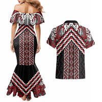 Maori Tukutuku Taniko Motifs Couples Matching Mermaid Dress and Hawaiian Shirt Red Poutama Mix Kowhaiwhai LT7 - Polynesian Pride