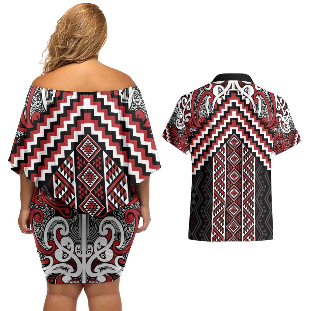 Maori Tukutuku Taniko Motifs Couples Matching Off Shoulder Short Dress and Hawaiian Shirt Red Poutama Mix Kowhaiwhai LT7 - Polynesian Pride