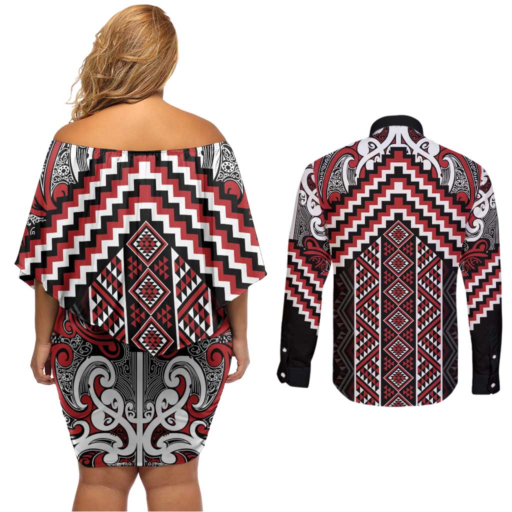 Maori Tukutuku Taniko Motifs Couples Matching Off Shoulder Short Dress and Long Sleeve Button Shirt Red Poutama Mix Kowhaiwhai LT7 - Polynesian Pride