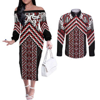 Maori Tukutuku Taniko Motifs Couples Matching Off The Shoulder Long Sleeve Dress and Long Sleeve Button Shirt Red Poutama Mix Kowhaiwhai LT7 Red - Polynesian Pride
