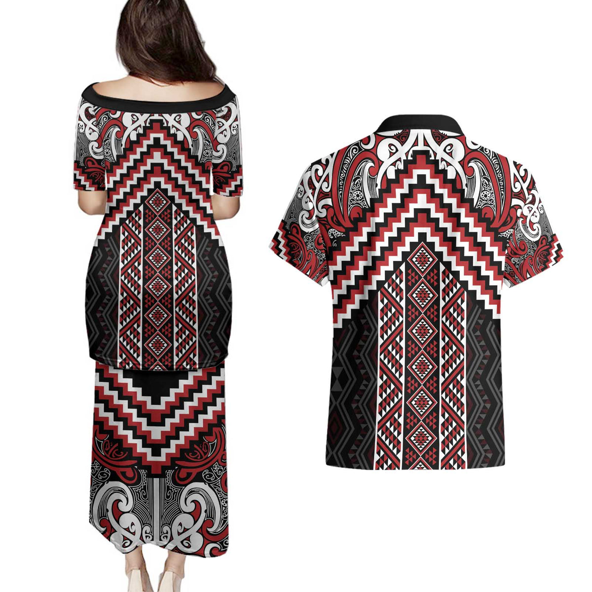 Maori Tukutuku Taniko Motifs Couples Matching Puletasi and Hawaiian Shirt Red Poutama Mix Kowhaiwhai LT7 - Polynesian Pride