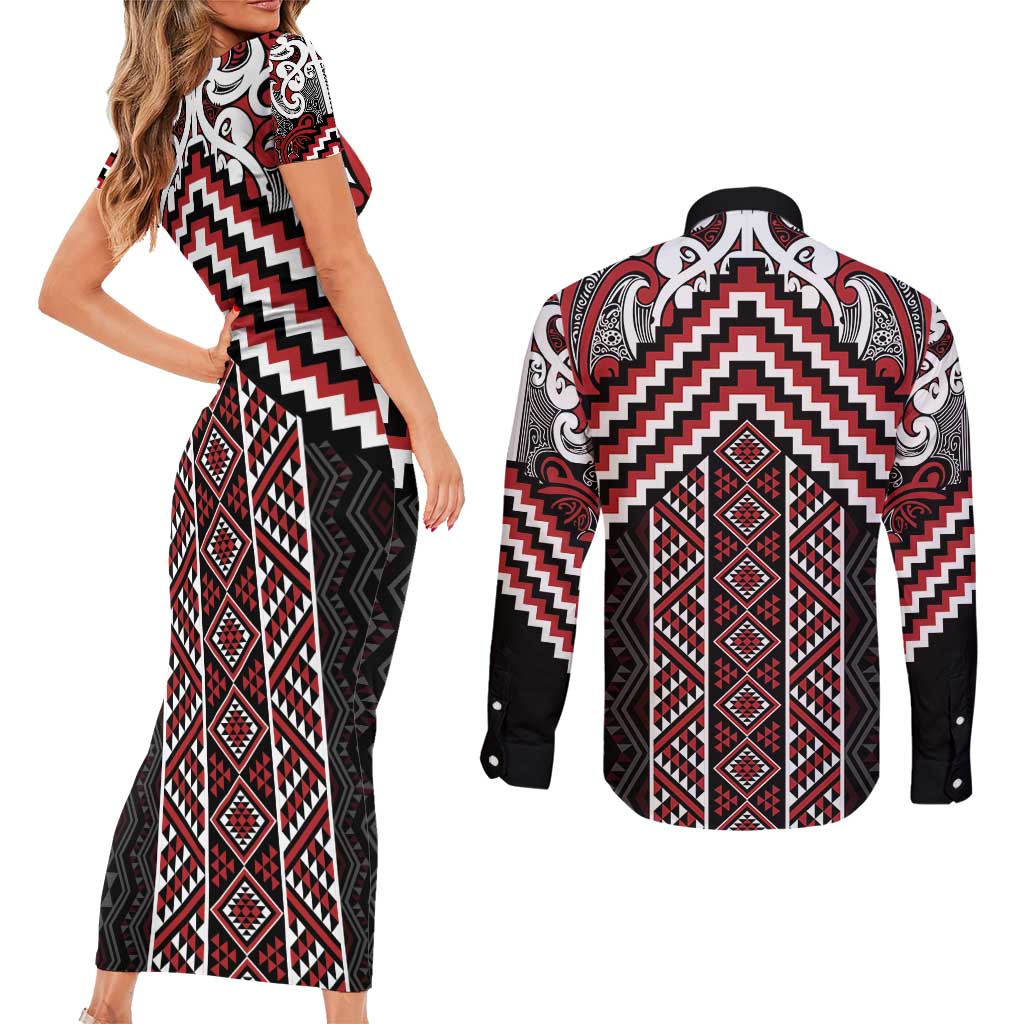 Maori Tukutuku Taniko Motifs Couples Matching Short Sleeve Bodycon Dress and Long Sleeve Button Shirt Red Poutama Mix Kowhaiwhai LT7 - Polynesian Pride