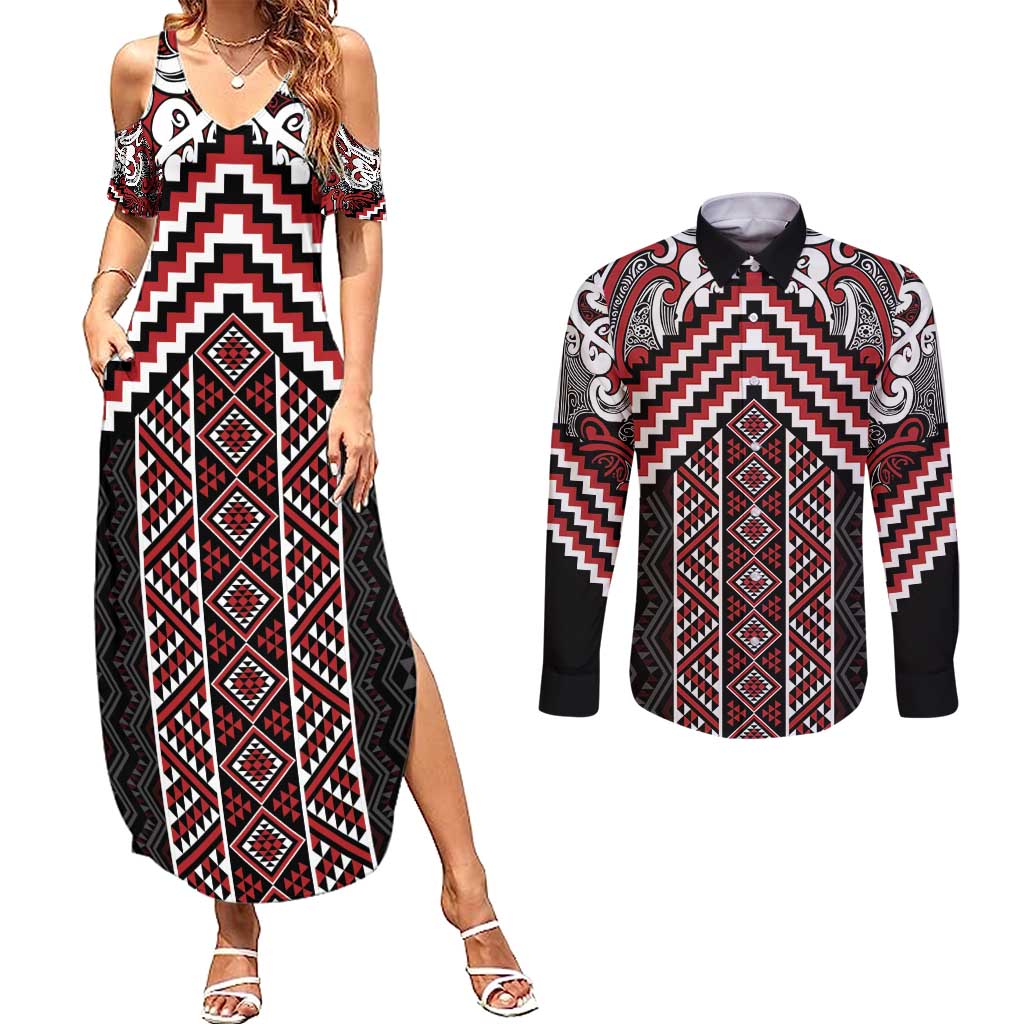 Maori Tukutuku Taniko Motifs Couples Matching Summer Maxi Dress and Long Sleeve Button Shirt Red Poutama Mix Kowhaiwhai LT7 Red - Polynesian Pride