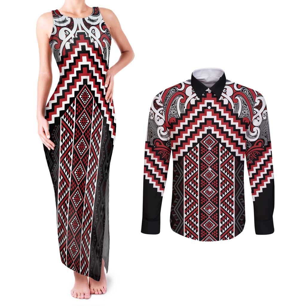 Maori Tukutuku Taniko Motifs Couples Matching Tank Maxi Dress and Long Sleeve Button Shirt Red Poutama Mix Kowhaiwhai LT7 Red - Polynesian Pride