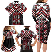 Maori Tukutuku Taniko Motifs Family Matching Long Sleeve Bodycon Dress and Hawaiian Shirt Red Poutama Mix Kowhaiwhai LT7 - Polynesian Pride