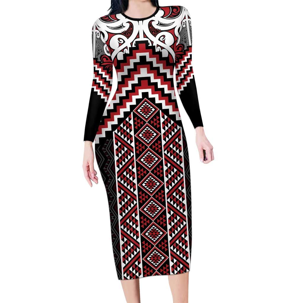 Maori Tukutuku Taniko Motifs Family Matching Long Sleeve Bodycon Dress and Hawaiian Shirt Red Poutama Mix Kowhaiwhai LT7 Mom's Dress Red - Polynesian Pride