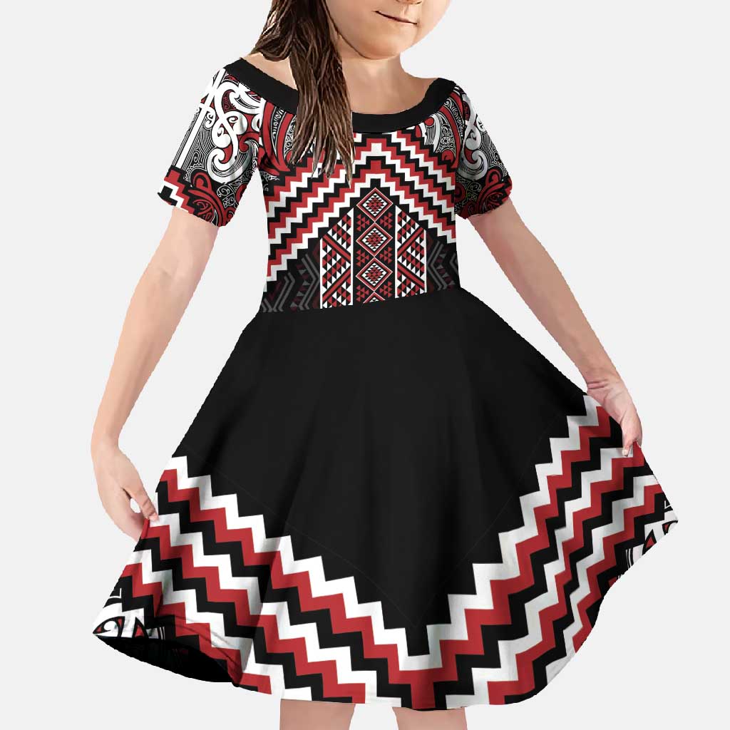 Maori Tukutuku Taniko Motifs Family Matching Mermaid Dress and Hawaiian Shirt Red Poutama Mix Kowhaiwhai LT7 Daughter's Dress Red - Polynesian Pride