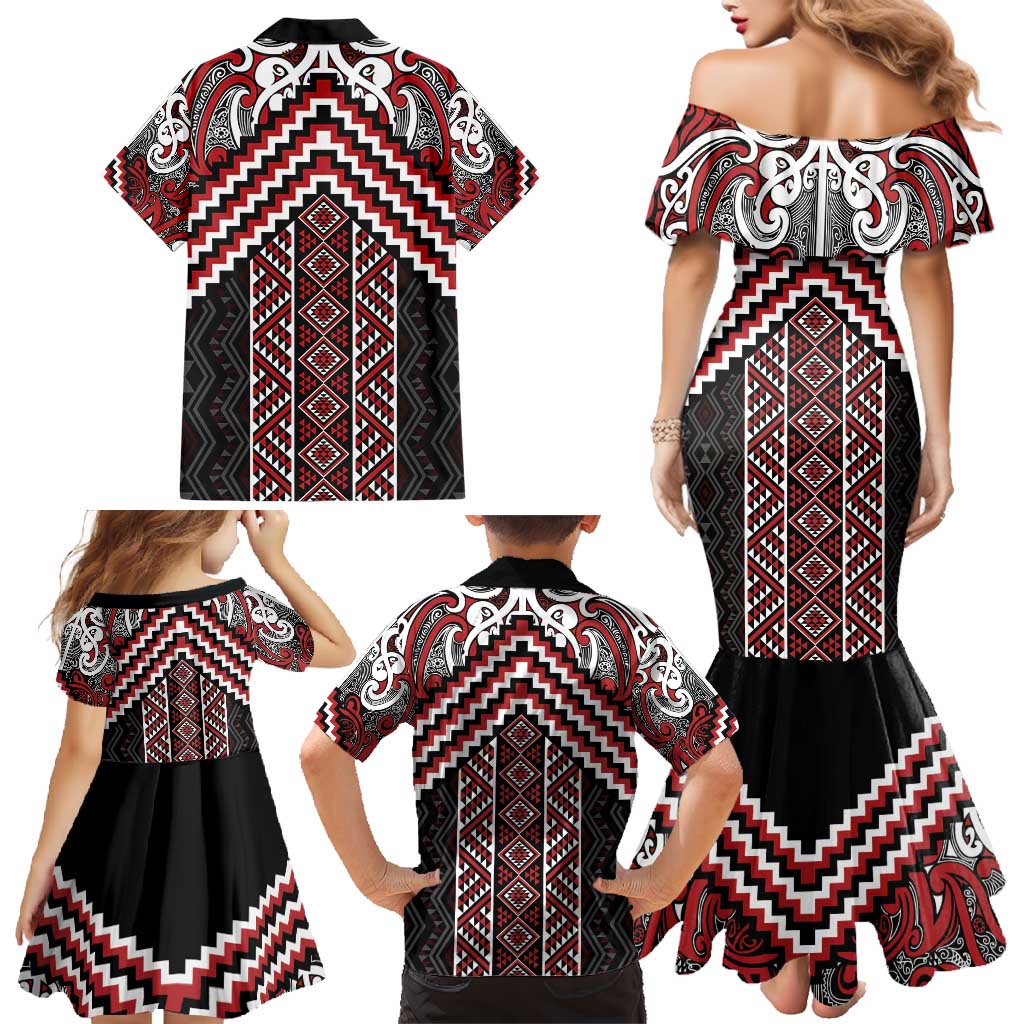 Maori Tukutuku Taniko Motifs Family Matching Mermaid Dress and Hawaiian Shirt Red Poutama Mix Kowhaiwhai LT7 - Polynesian Pride
