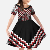 Maori Tukutuku Taniko Motifs Family Matching Off The Shoulder Long Sleeve Dress and Hawaiian Shirt Red Poutama Mix Kowhaiwhai LT7 Daughter's Dress Red - Polynesian Pride