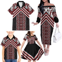 Maori Tukutuku Taniko Motifs Family Matching Off The Shoulder Long Sleeve Dress and Hawaiian Shirt Red Poutama Mix Kowhaiwhai LT7 - Polynesian Pride