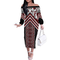 Maori Tukutuku Taniko Motifs Family Matching Off The Shoulder Long Sleeve Dress and Hawaiian Shirt Red Poutama Mix Kowhaiwhai LT7 Mom's Dress Red - Polynesian Pride
