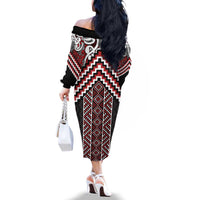 Maori Tukutuku Taniko Motifs Family Matching Off The Shoulder Long Sleeve Dress and Hawaiian Shirt Red Poutama Mix Kowhaiwhai LT7 - Polynesian Pride