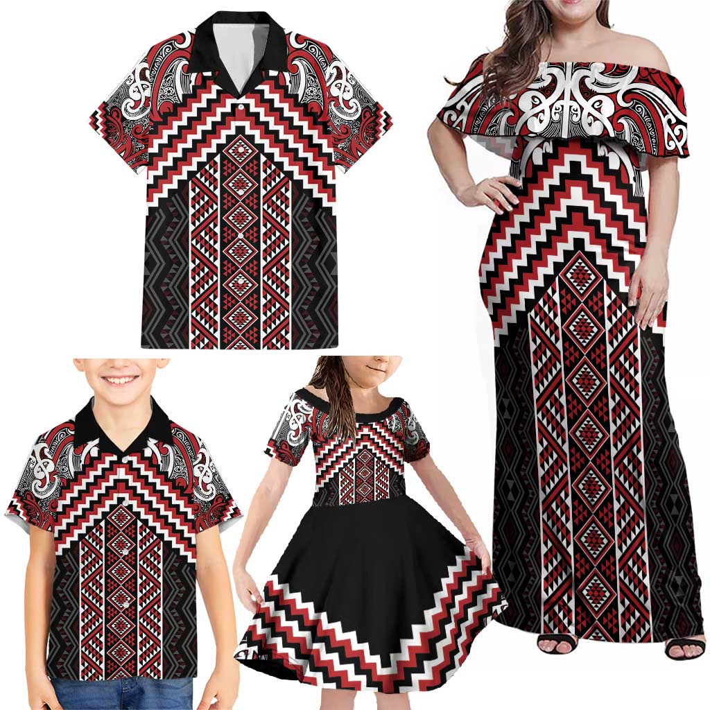 Maori Tukutuku Taniko Motifs Family Matching Off Shoulder Maxi Dress and Hawaiian Shirt Red Poutama Mix Kowhaiwhai LT7 - Polynesian Pride