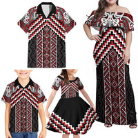 Maori Tukutuku Taniko Motifs Family Matching Off Shoulder Maxi Dress and Hawaiian Shirt Red Poutama Mix Kowhaiwhai LT7 - Polynesian Pride