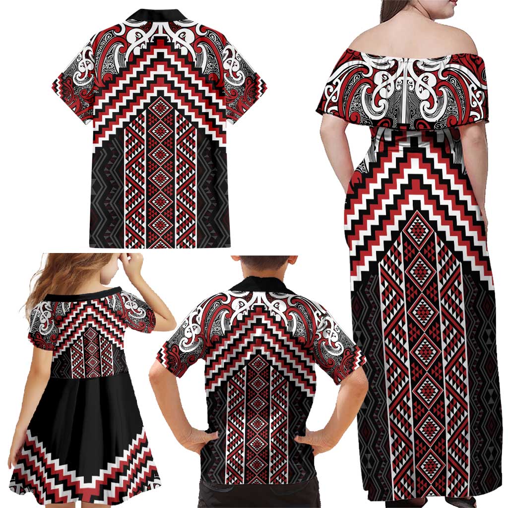 Maori Tukutuku Taniko Motifs Family Matching Off Shoulder Maxi Dress and Hawaiian Shirt Red Poutama Mix Kowhaiwhai LT7 - Polynesian Pride