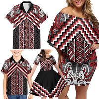 Maori Tukutuku Taniko Motifs Family Matching Off Shoulder Short Dress and Hawaiian Shirt Red Poutama Mix Kowhaiwhai LT7 - Polynesian Pride
