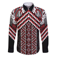 Maori Tukutuku Taniko Motifs Family Matching Puletasi and Hawaiian Shirt Red Poutama Mix Kowhaiwhai LT7 Dad's Shirt - Long Sleeve Red - Polynesian Pride