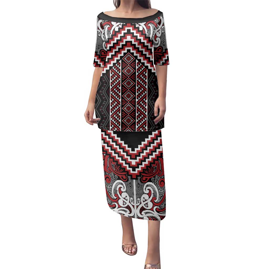 Maori Tukutuku Taniko Motifs Family Matching Puletasi and Hawaiian Shirt Red Poutama Mix Kowhaiwhai LT7 Mom's Dress Red - Polynesian Pride