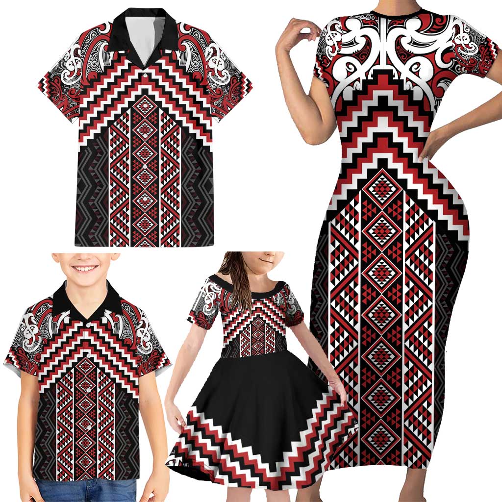 Maori Tukutuku Taniko Motifs Family Matching Short Sleeve Bodycon Dress and Hawaiian Shirt Red Poutama Mix Kowhaiwhai LT7 - Polynesian Pride
