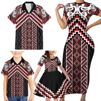 Maori Tukutuku Taniko Motifs Family Matching Short Sleeve Bodycon Dress and Hawaiian Shirt Red Poutama Mix Kowhaiwhai LT7 - Polynesian Pride