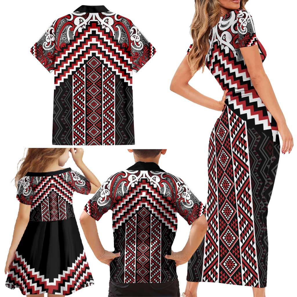Maori Tukutuku Taniko Motifs Family Matching Short Sleeve Bodycon Dress and Hawaiian Shirt Red Poutama Mix Kowhaiwhai LT7 - Polynesian Pride