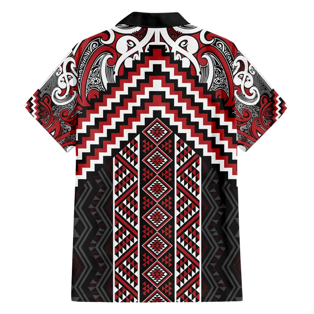 Maori Tukutuku Taniko Motifs Family Matching Short Sleeve Bodycon Dress and Hawaiian Shirt Red Poutama Mix Kowhaiwhai LT7 - Polynesian Pride