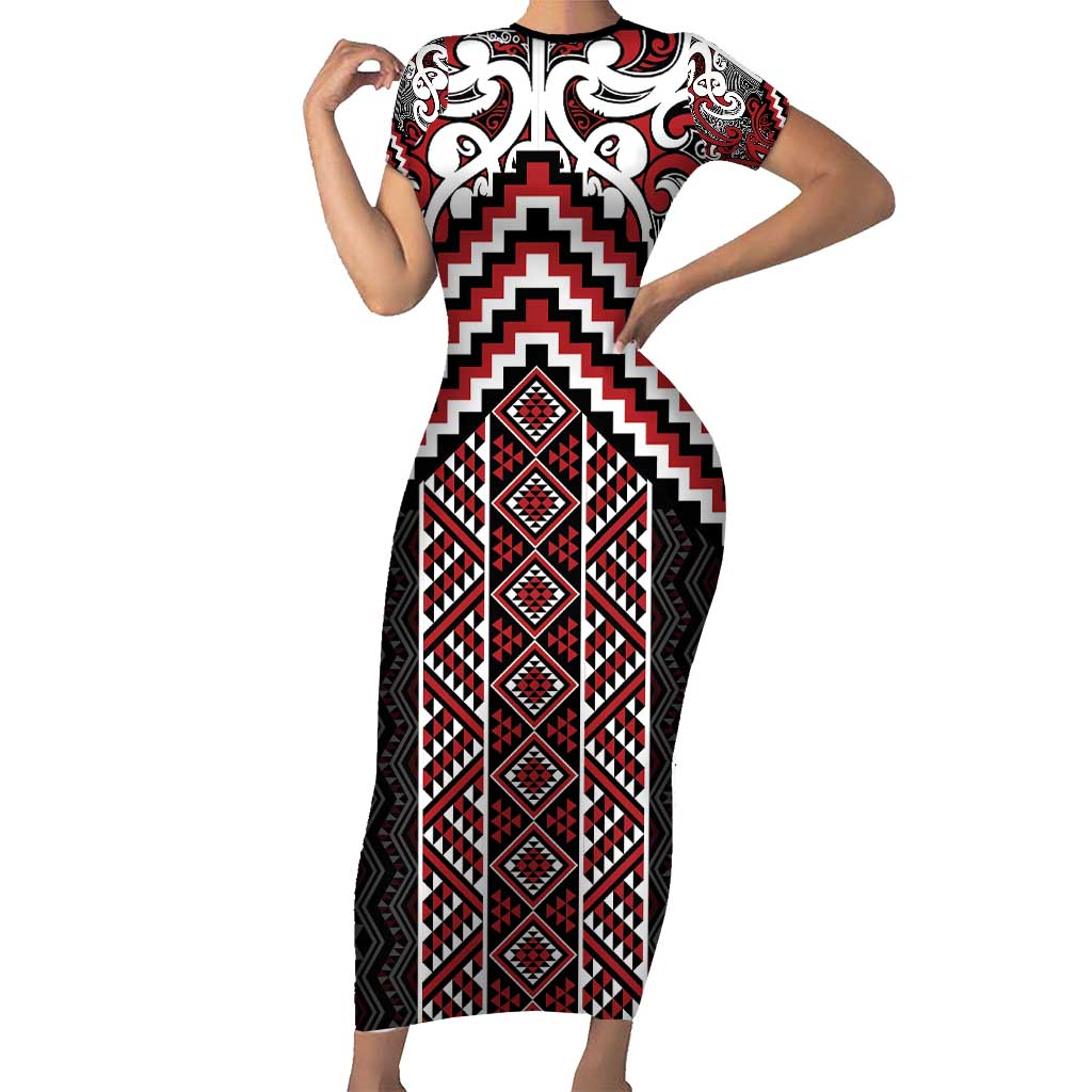 Maori Tukutuku Taniko Motifs Family Matching Short Sleeve Bodycon Dress and Hawaiian Shirt Red Poutama Mix Kowhaiwhai LT7 Mom's Dress Red - Polynesian Pride