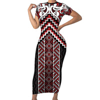 Maori Tukutuku Taniko Motifs Family Matching Short Sleeve Bodycon Dress and Hawaiian Shirt Red Poutama Mix Kowhaiwhai LT7 Mom's Dress Red - Polynesian Pride