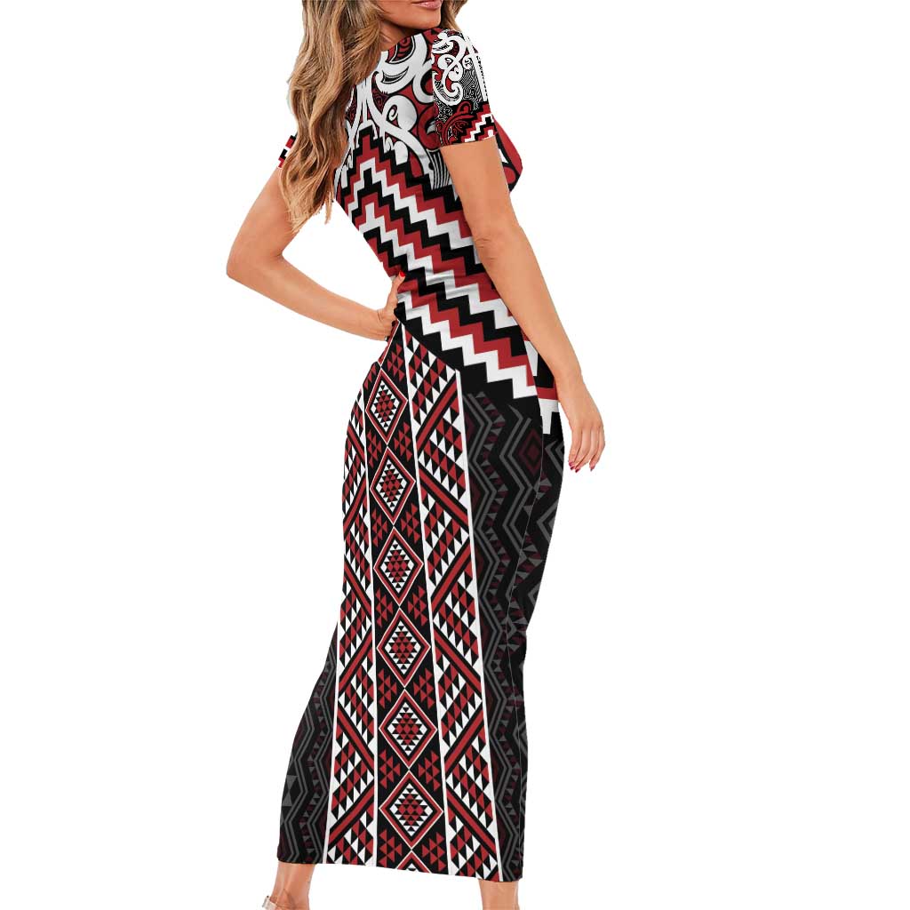 Maori Tukutuku Taniko Motifs Family Matching Short Sleeve Bodycon Dress and Hawaiian Shirt Red Poutama Mix Kowhaiwhai LT7 - Polynesian Pride