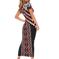 Maori Tukutuku Taniko Motifs Family Matching Short Sleeve Bodycon Dress and Hawaiian Shirt Red Poutama Mix Kowhaiwhai LT7 - Polynesian Pride
