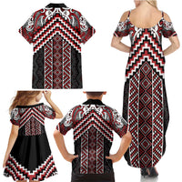 Maori Tukutuku Taniko Motifs Family Matching Summer Maxi Dress and Hawaiian Shirt Red Poutama Mix Kowhaiwhai LT7 - Polynesian Pride