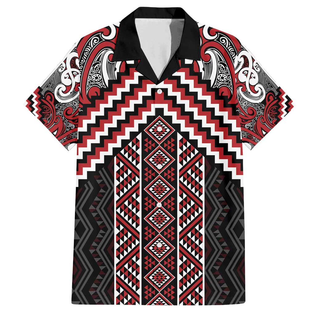 Maori Tukutuku Taniko Motifs Family Matching Summer Maxi Dress and Hawaiian Shirt Red Poutama Mix Kowhaiwhai LT7 Dad's Shirt - Short Sleeve Red - Polynesian Pride